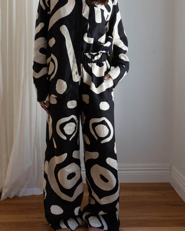 KENI Sleepwear Bright Eyes Linen Pants - full length, long legs, relaxed fit  and paper bag waistband for ultimate comfort