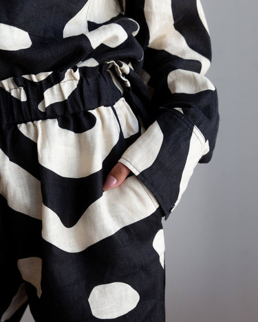 KENI Sleepwear Bright Eyes Linen Pants - close up paper bag waistband that won't twist for ultimate comfort