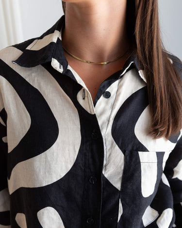 KENI Sleepwear Bright Eyes luxury linen shirt, close up of high quality button, pocket and design details