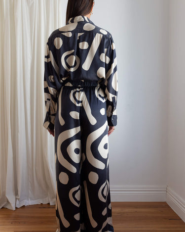 KENI Sleepwear Bright Eyes Silk Pants - view from behind, relaxed, flattering fit and elasticated waistband