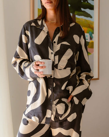 KENI Sleepwear Bright Eyes Silk Shirt - front view, casual luxury, perfect for sleep and lounging