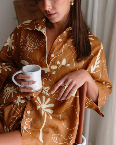 Relaxed fit, KENI Sleepwear Cashew Linen Shirt - warm colourway, roomy fit, flattering silhouette