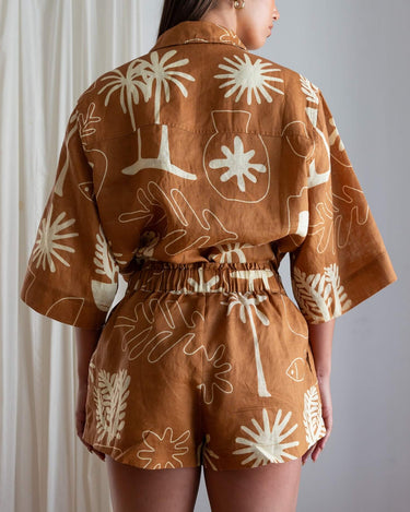 View of Cashew Linen Shorts from behind - paper bag waistband won't twist, flattering silhouette