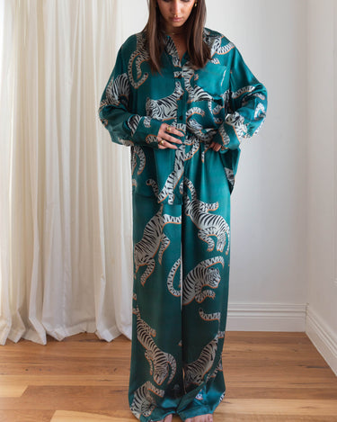 Full length image of the KENI Tigris Green Silk Pants - velvety feel, relaxed fit, highly versatile pants for all occasions