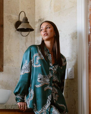 Close up of the KENI Tigris Green Silk Shirt - 100% mulberry silk, sand washed for a gorgeous matte velvet finish