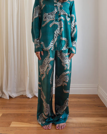 Full length view of the Tigris Green Silk Shirt with matching wide silk pants - perfect for the home and can also be worn as luxury streetwear