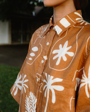 Close-up of the Cashew Linen Shirt sleeve and design detail for ultimate comfort and ease