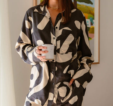 KENI Sleepwear Bright Eyes Silk Shirt - front view, casual luxury, perfect for sleep and lounging
