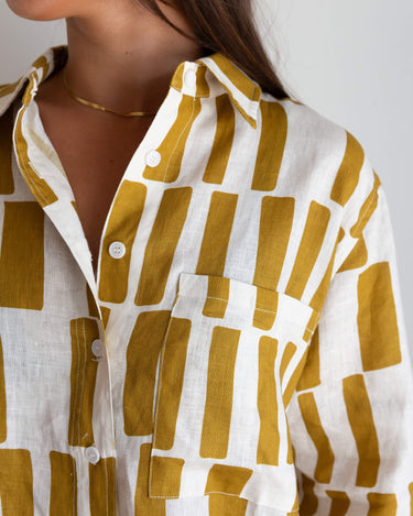 Close up detail Pebbles linen shirt easy transition from sleep to street