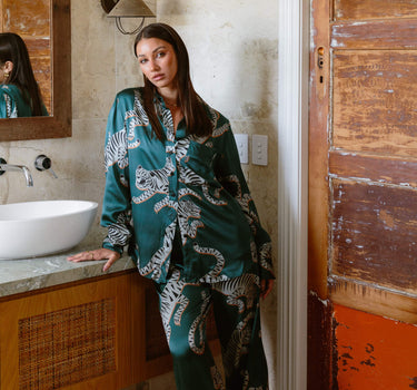 Luxurious Tigris Green Silk Pants paired with the matching silk shirt designed as statement pieces for the home or to wear out