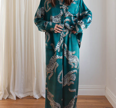 Full length image of the KENI Tigris Green Silk Pants - velvety feel, relaxed fit, highly versatile pants for all occasions