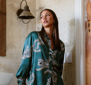 Close up of the KENI Tigris Green Silk Shirt - 100% mulberry silk, sand washed for a gorgeous matte velvet finish