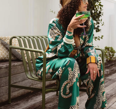 Side view of Tigris Green Silk Pants showing wide-leg fit and elegant drape